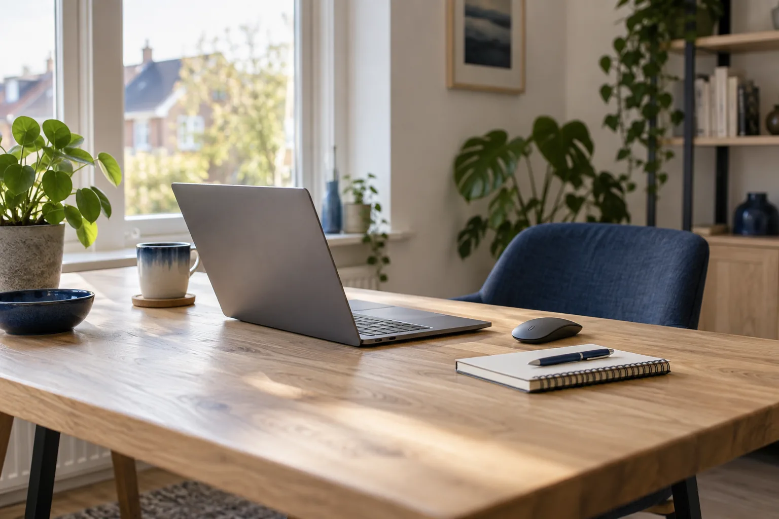 Rustige werkplek thuis met laptop naast het raam